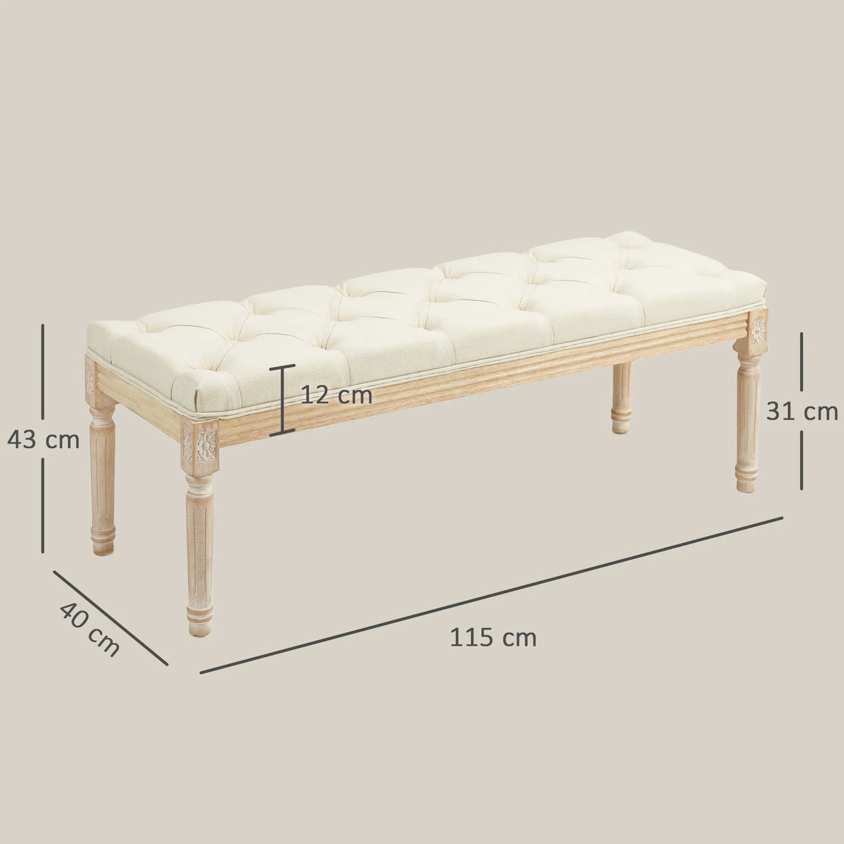 Cream button-tufted bench with distressed light-wood frame and four short legs