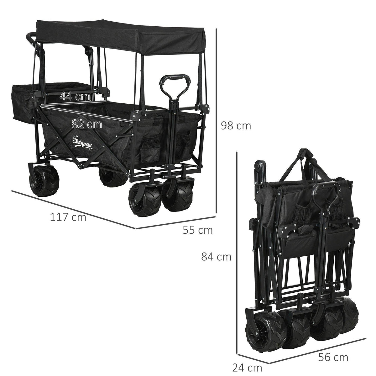 Black outdoor push pull wagon stroller cart with canopy, side panels, and large wheels