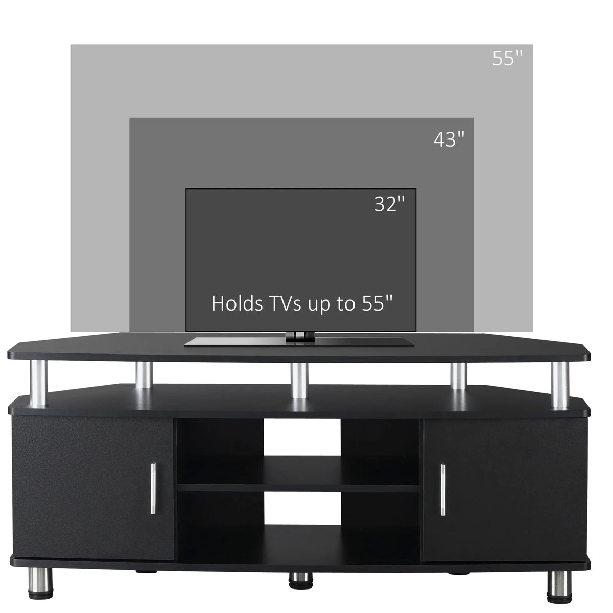 Black media console with two storage cabinets and open center shelf for TV