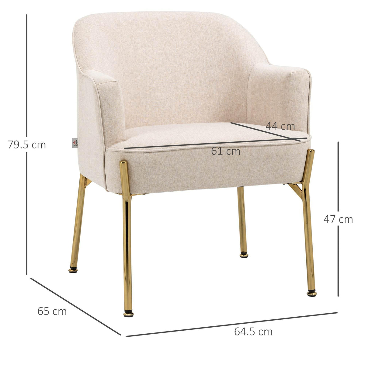Cream armchair with thick padded seat, curved armrests, and gold metal legs