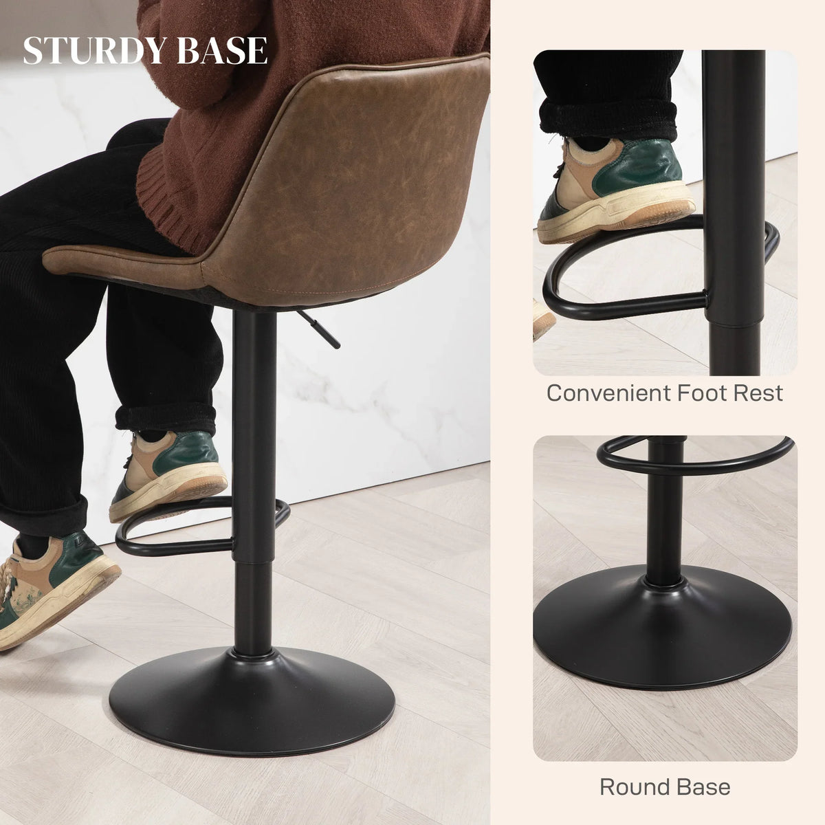 Brown PU leather bar stool with round steel base, adjustable handle, and curved footrest
