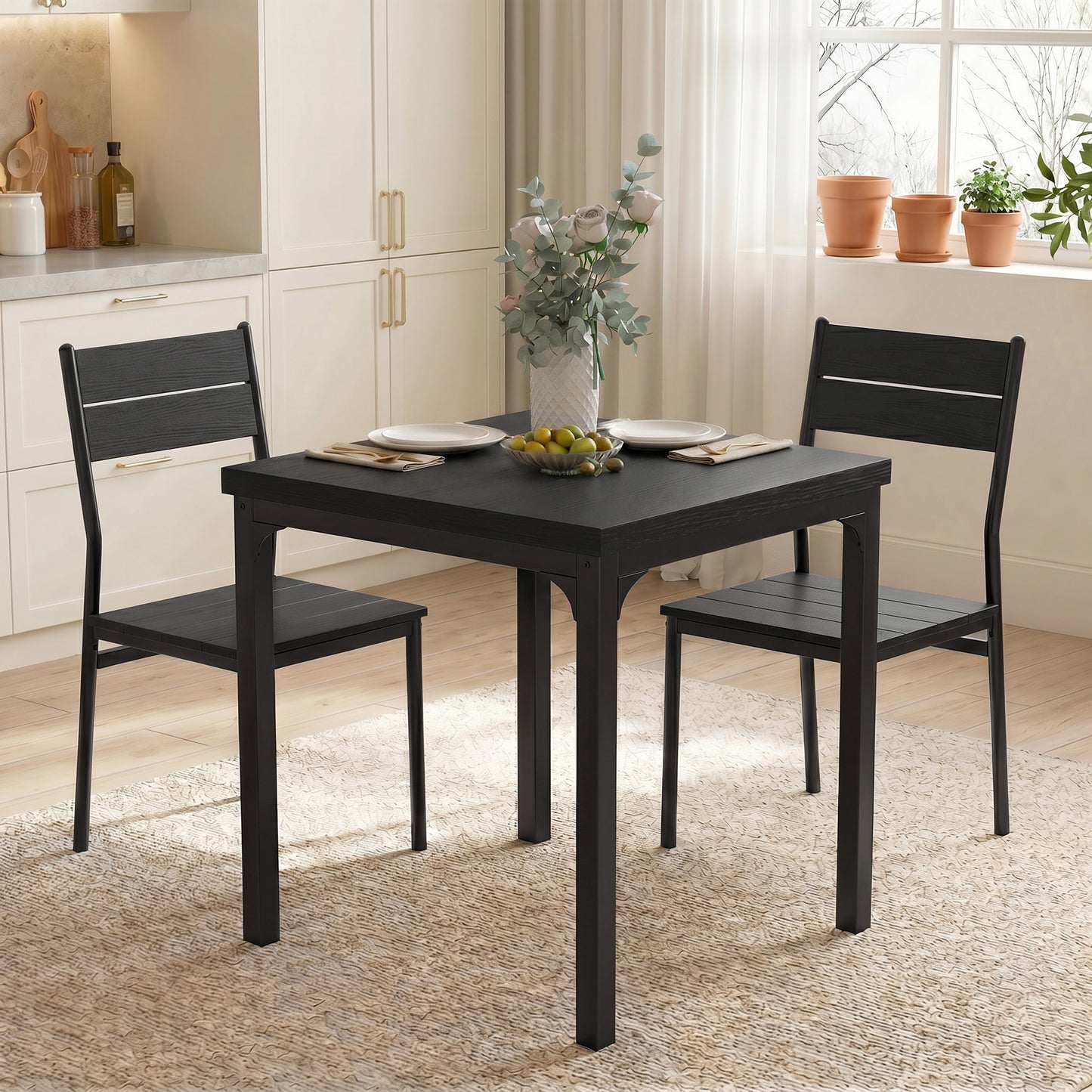 HOMCOM 3 Piece Space Saving Kitchen Table And Chairs Set For 2 With Metal Legs Black Wood Effect