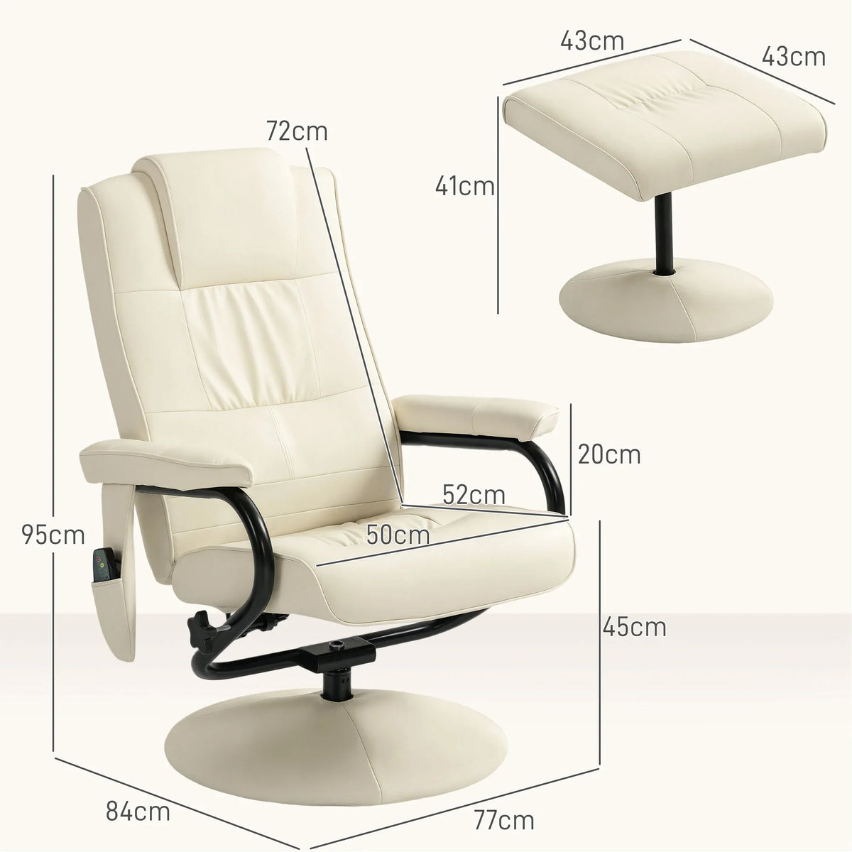 Cream faux-leather swivel recliner chair with footstool and round wrapped base, size diagram.