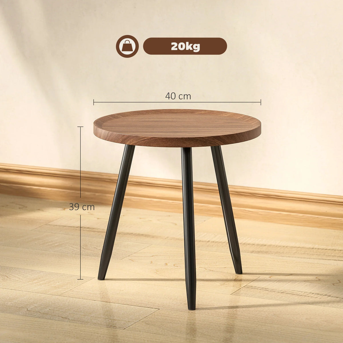 Walnut wood-effect round coffee table with black legs, 40 cm tabletop size.