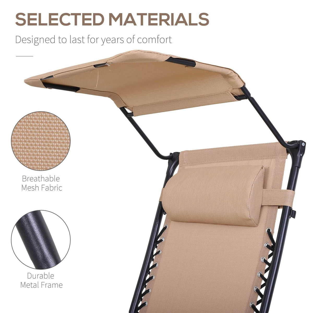 Beige reclining garden chair with canopy, breathable mesh fabric, and durable metal frame