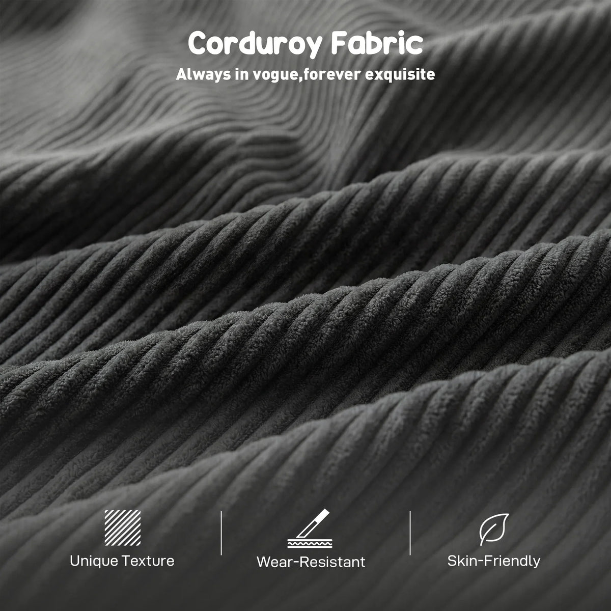 Dark grey corduroy upholstery fabric texture, close-up