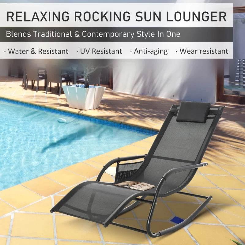 Outdoor rocking lounge chair with black frame and dark gray mesh recliner sling