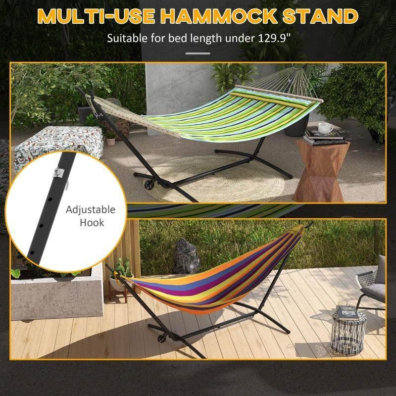 Black hammock stand with wheels, adjustable hook, and colorful striped hammock