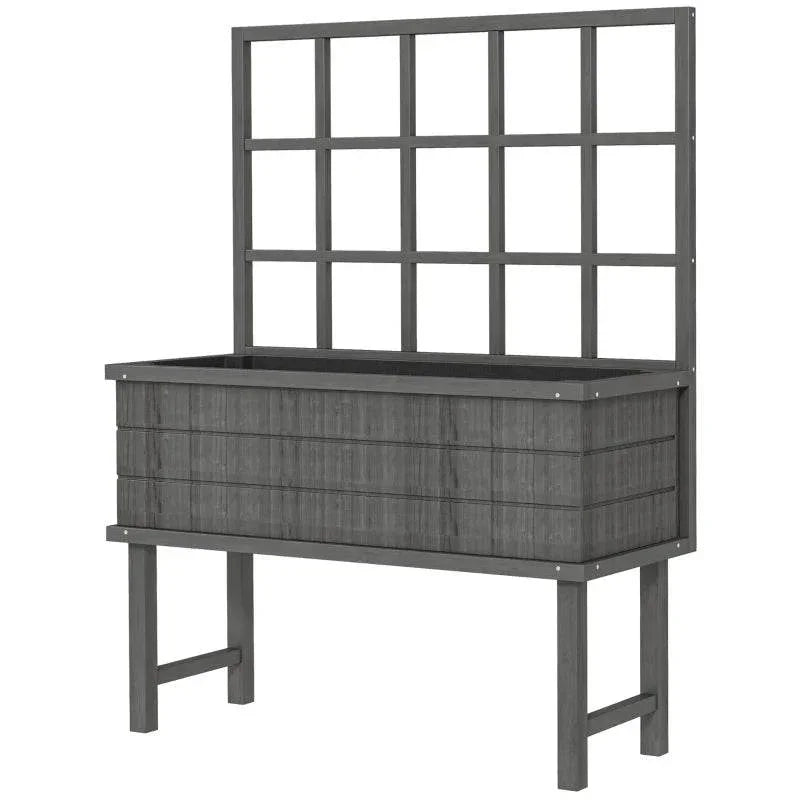 Grey wooden raised garden planter with back trellis panel and rectangular bed