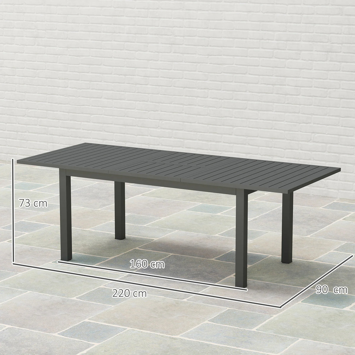 Grey slatted extending garden table with butterfly leaf, length markings shown