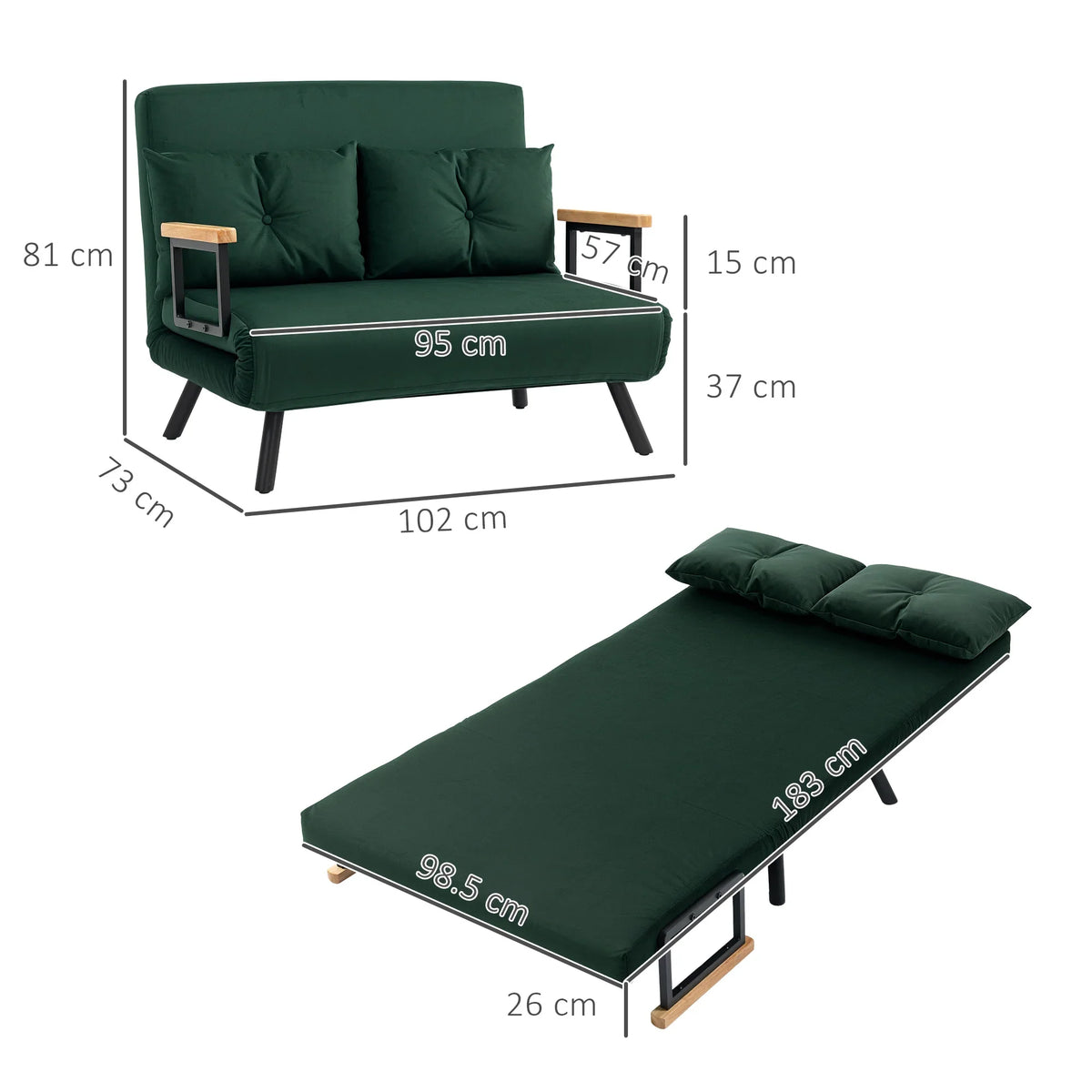 Green velvet-feel sofa bed with pull-out lounge and fitted seat cushions
