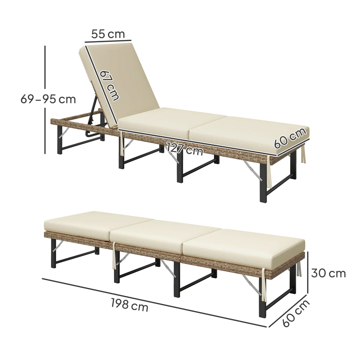 Folding rattan sun lounger with cream cushion and adjustable back, grey frame size view