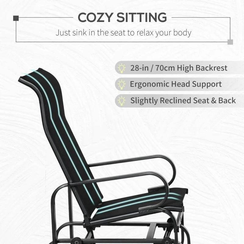 Black mesh rocking chair with high backrest and slightly reclined seat, metal frame