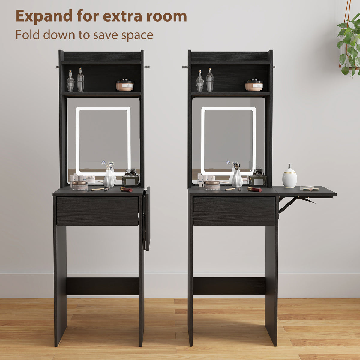 Black compact vanity desk with upright mirror, open shelves, and drop-leaf top