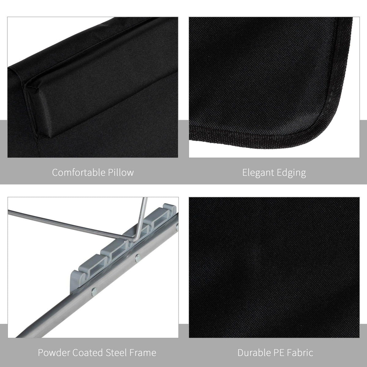 Black reclining chair details: padded pillow, edging trim, steel frame, durable fabric