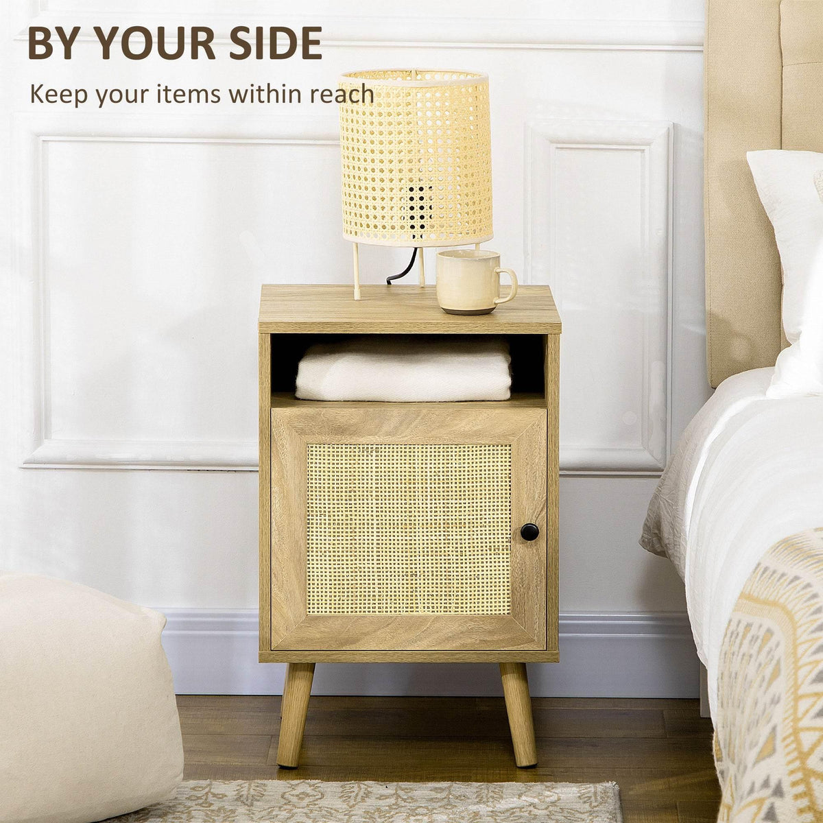 Bedside table with open shelf and woven cabinet door, light wood with black knob