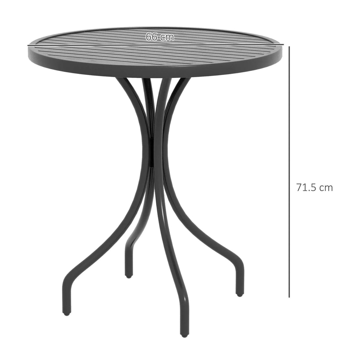 66 cm black round patio table with slat top and three curved steel legs