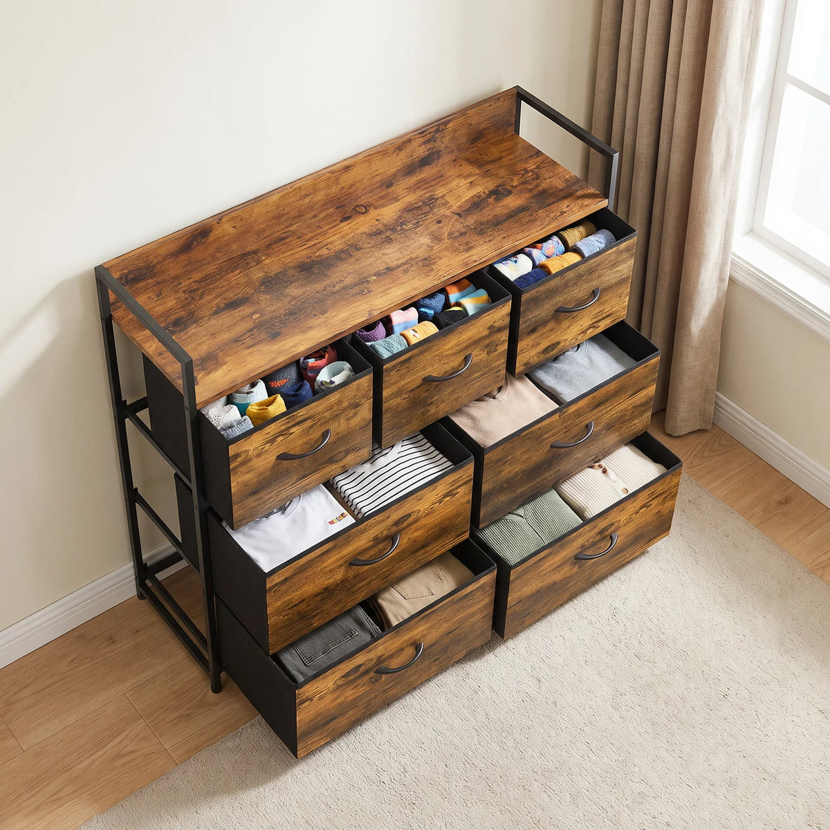 7-drawer fabric chest with open top shelf and fabric drawers, rustic brown finish