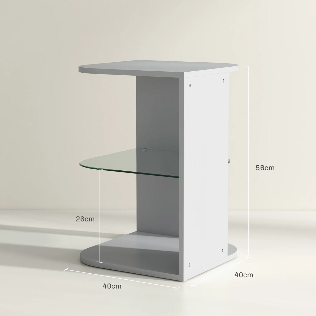 Grey modern side table with tempered glass middle shelf and open lower shelf, side view