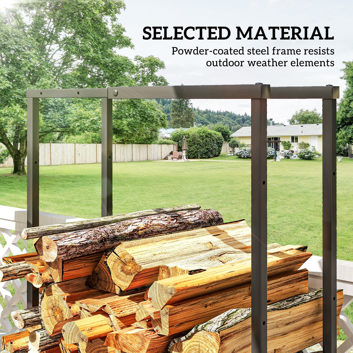 Black log rack with powder-coated frame holding split firewood on an elevated base