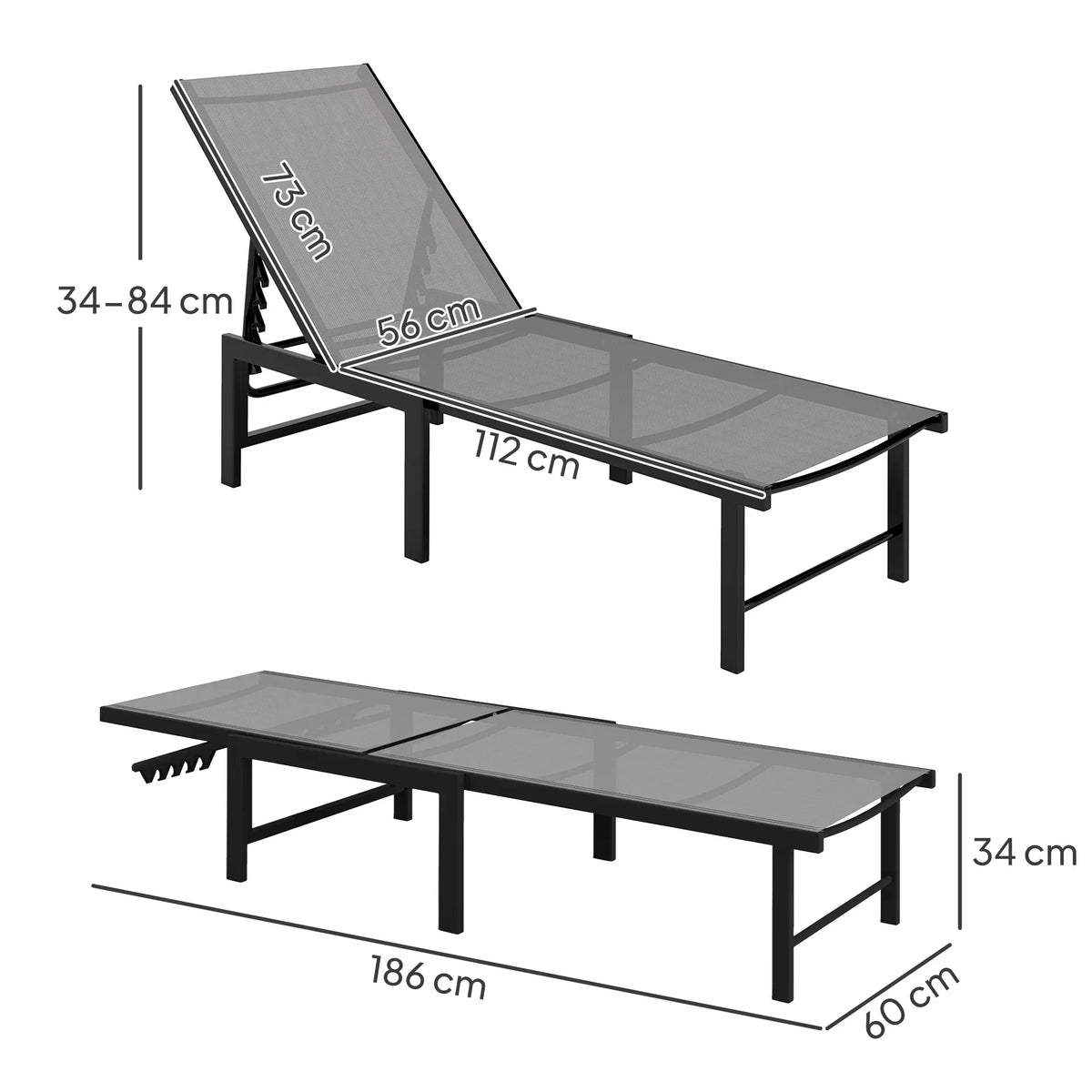 Two grey reclining sun loungers with 5-position adjustable backrests and frame