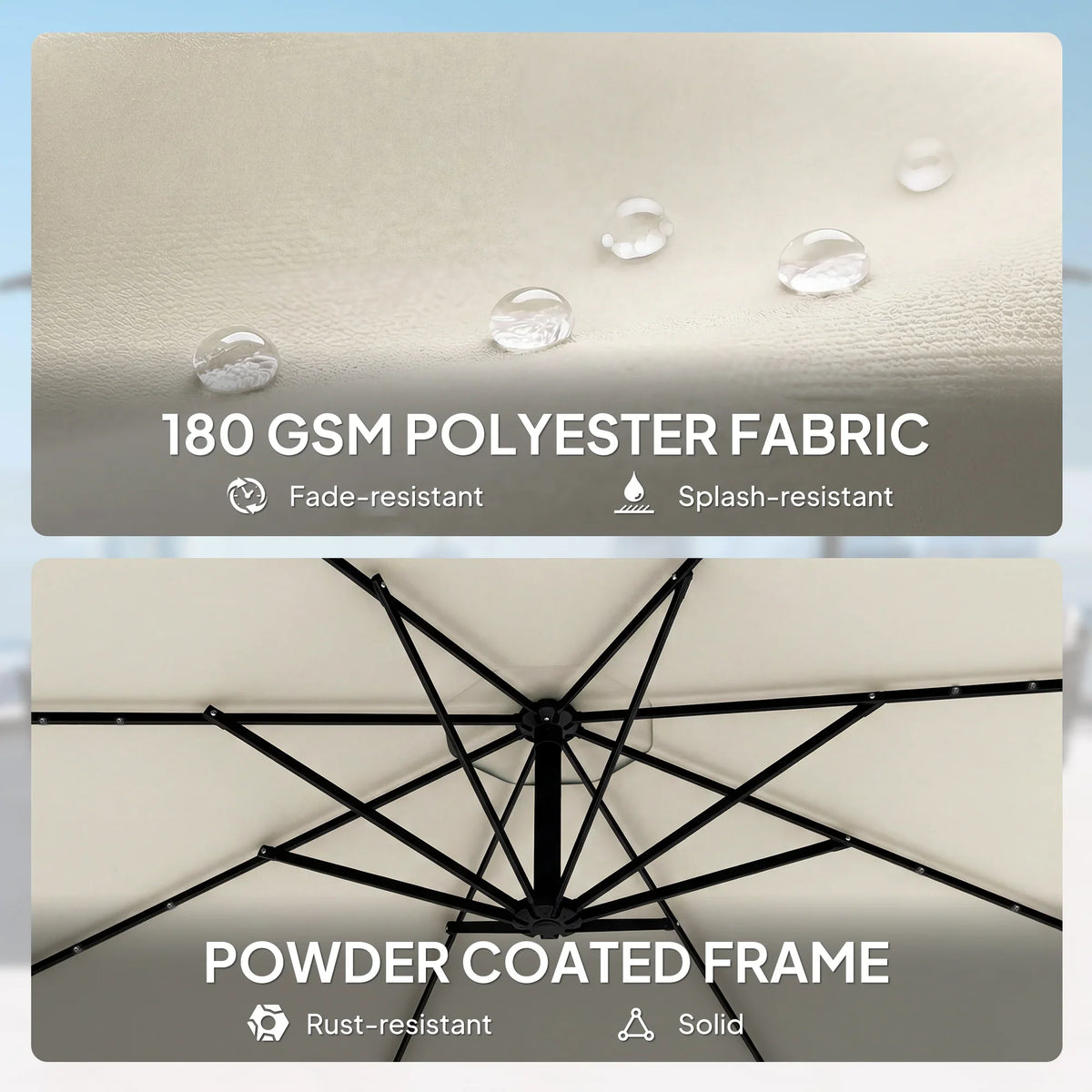 Cream parasol canopy with polyester fabric and powder-coated frame close-up