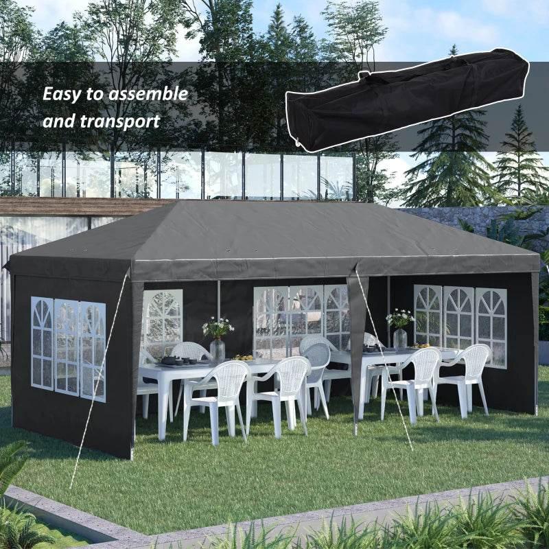 Grey pop-up gazebo with open seating area, sidewalls, and printed window panels