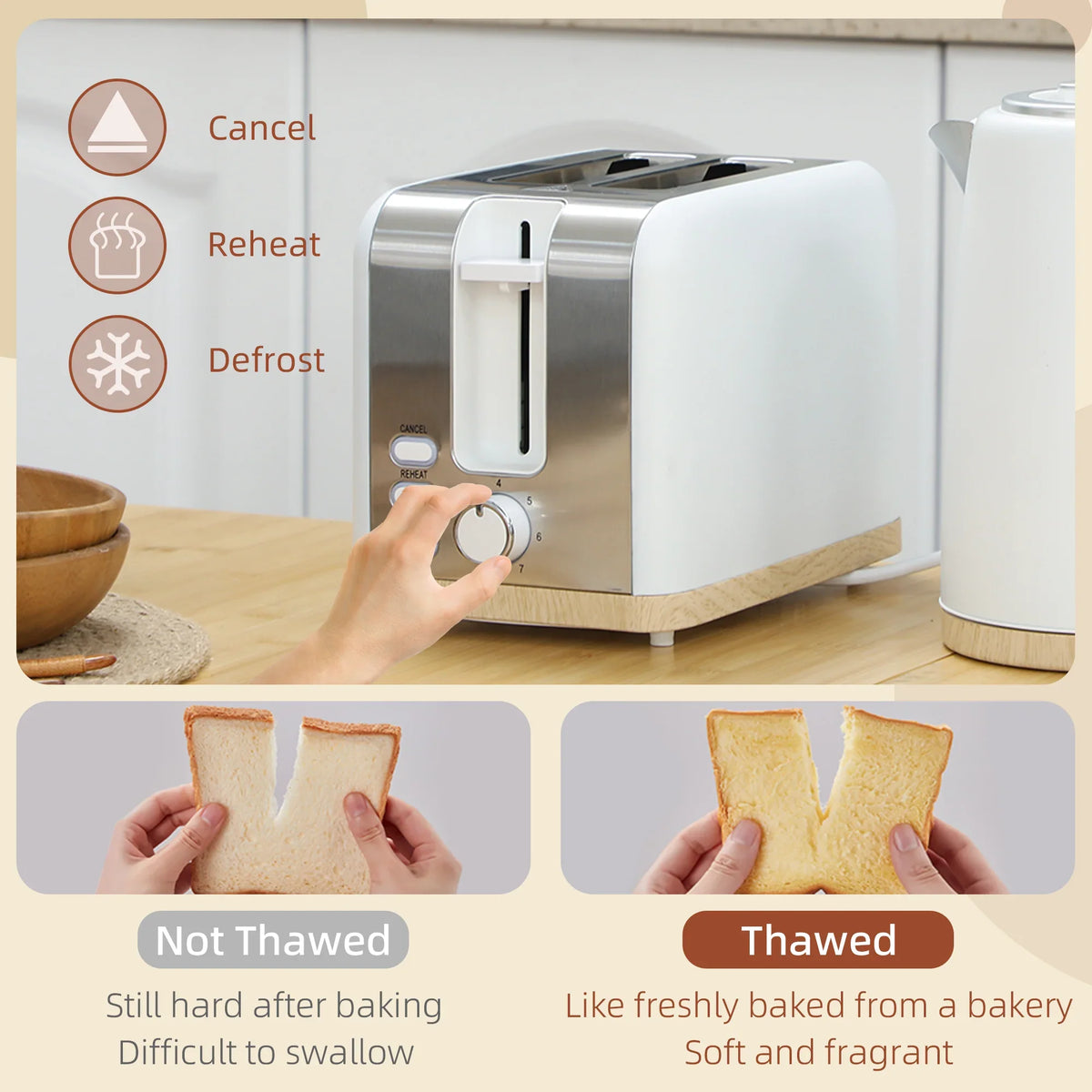 White 2-slice toaster with control dial and cancel/reheat/defrost buttons, with kettle