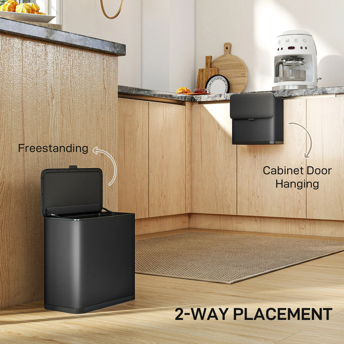 Black cabinet-door hanging bin with lid, positioned under a kitchen counter