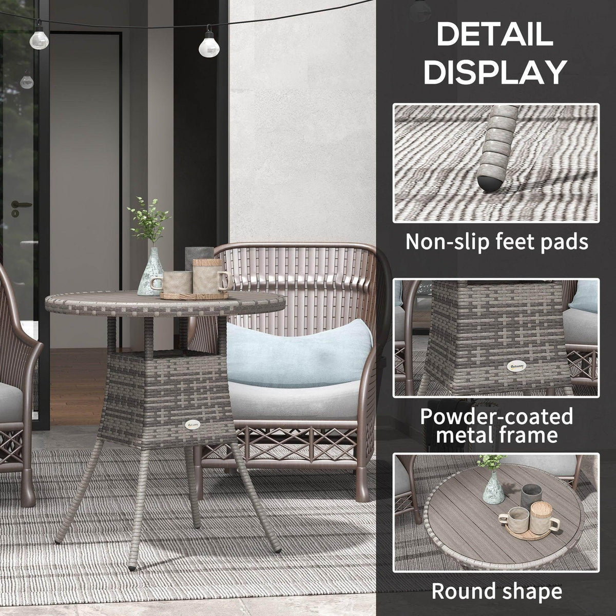 Round outdoor dining table with woven legs and powder-coated metal frame
