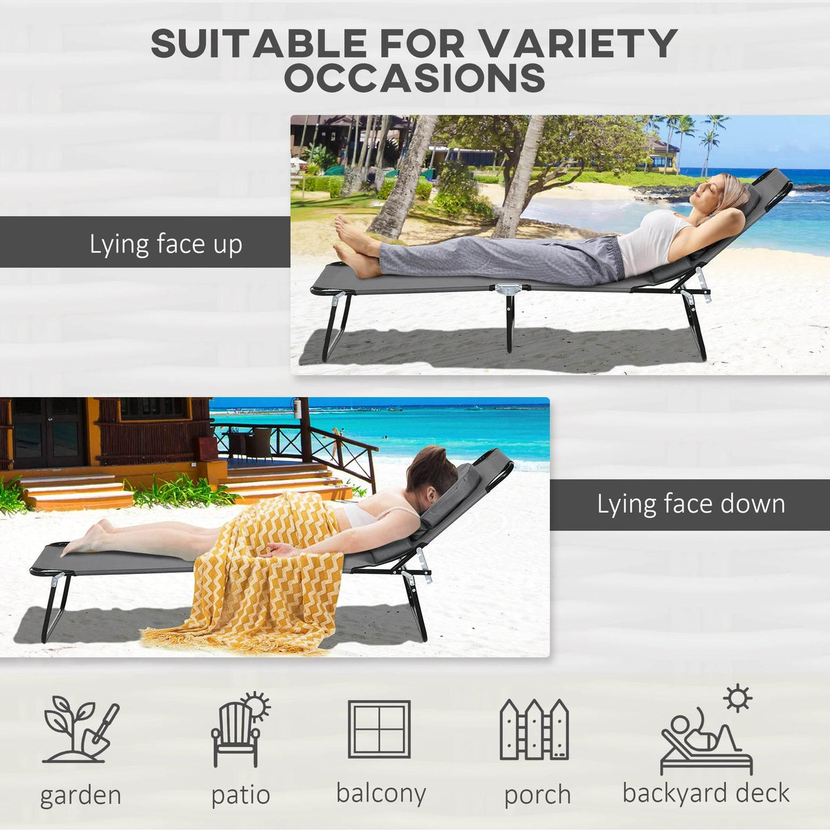 Dark grey adjustable sun lounger with padded face hole, reclined for relaxing