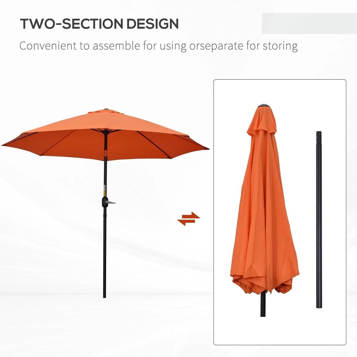Orange patio umbrella with two-section pole design for easier storage