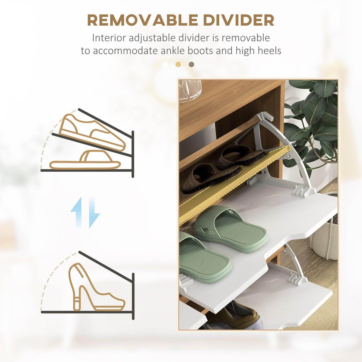 Shoe cabinet interior with removable divider and open flip drawer for boots and heels