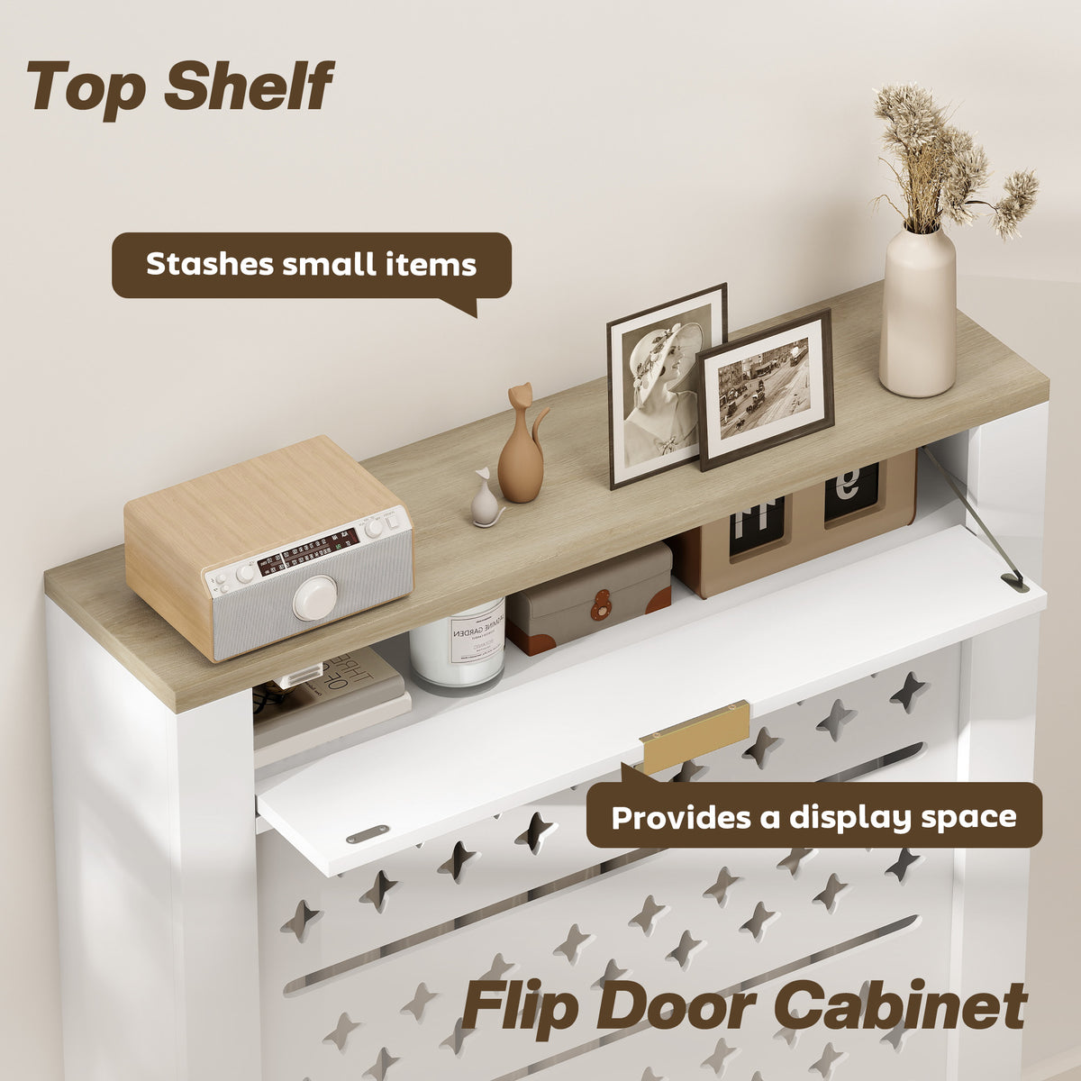 White radiator cover cabinet with flip door open, drawer inside, and top shelf