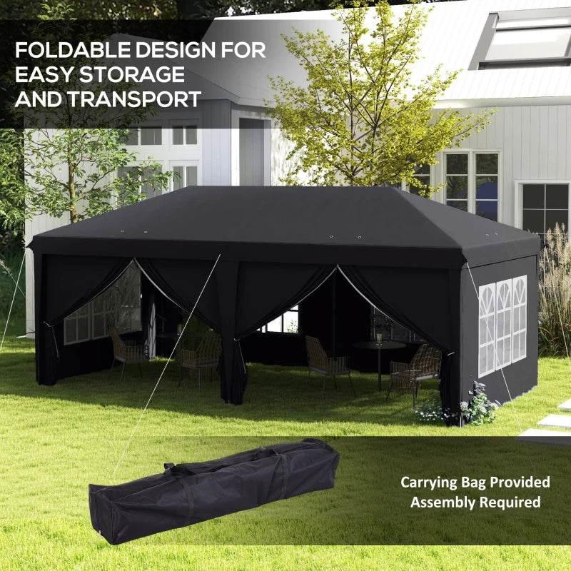 Dark grey pop-up gazebo with curtained walls; included carrying bag