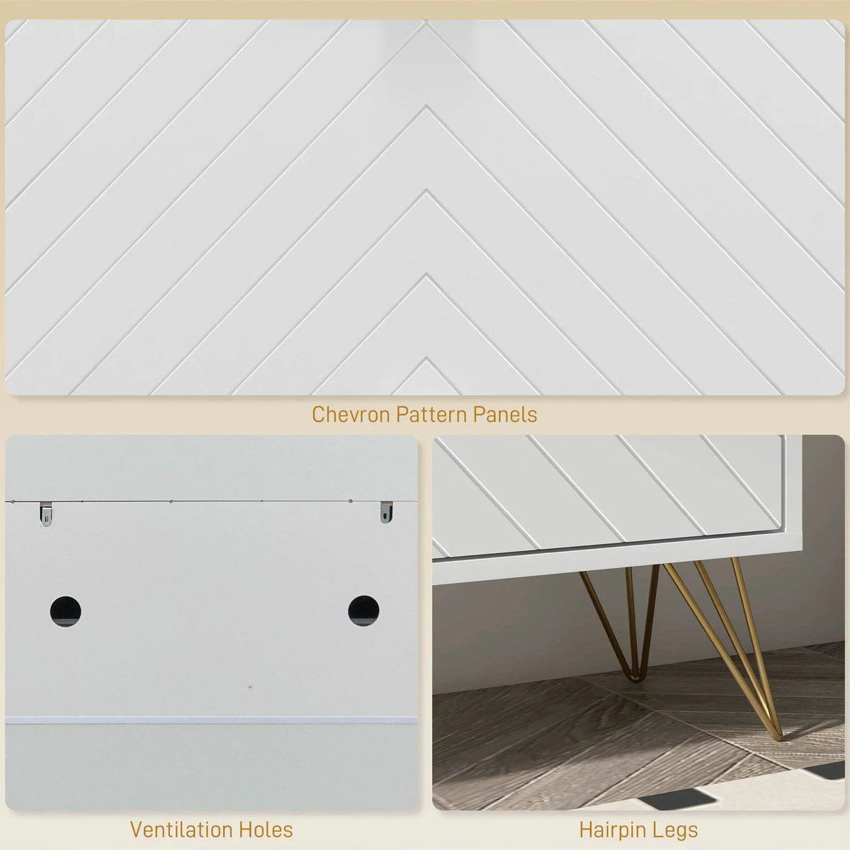 White shoe cabinet parts detail: chevron pattern panel and ventilation holes with hairpin legs.
