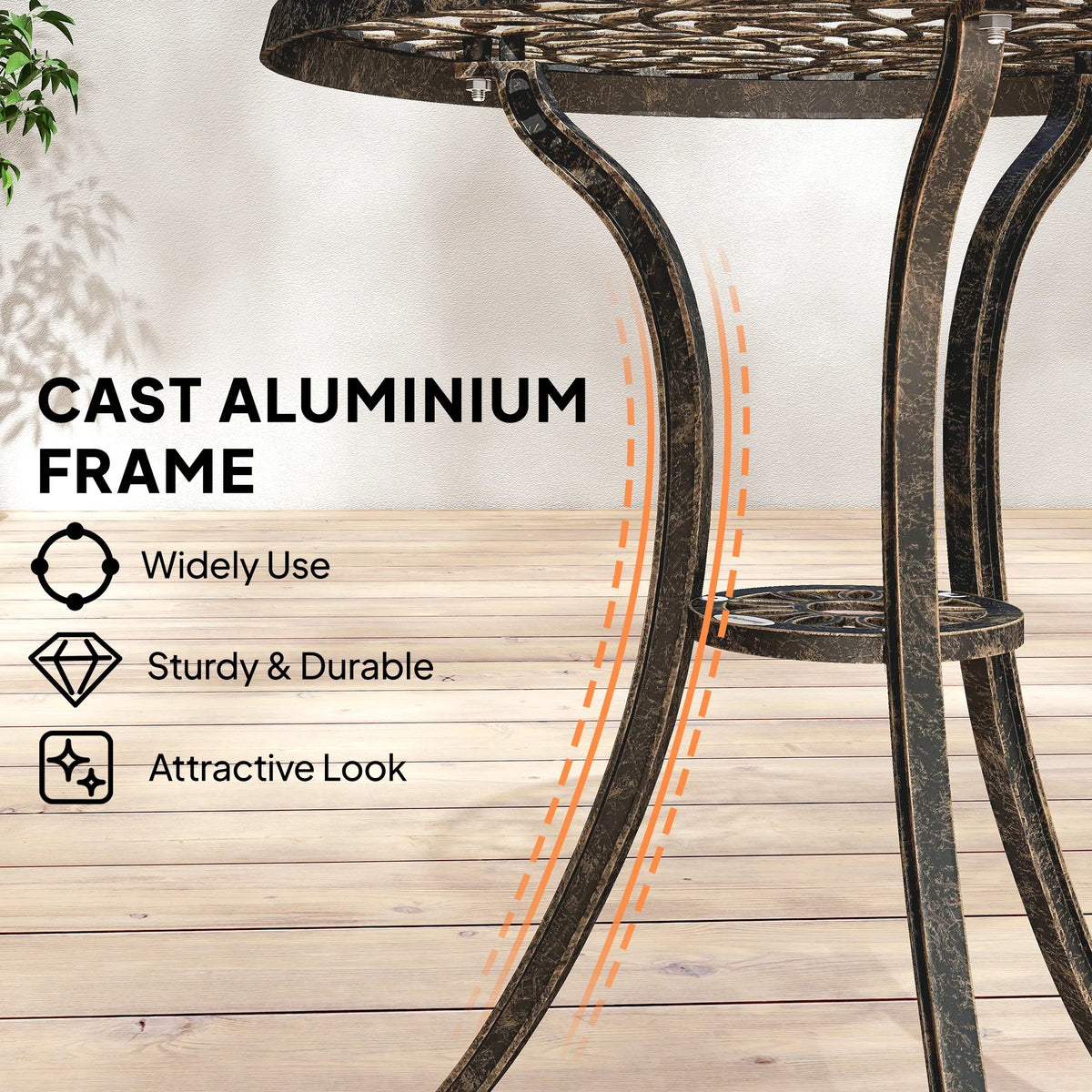 Curved cast-aluminum table leg frame detail with sturdy dark brown metal