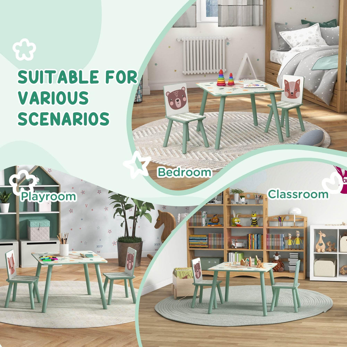Kids table and two chairs set, green legs and bear-face chair panels