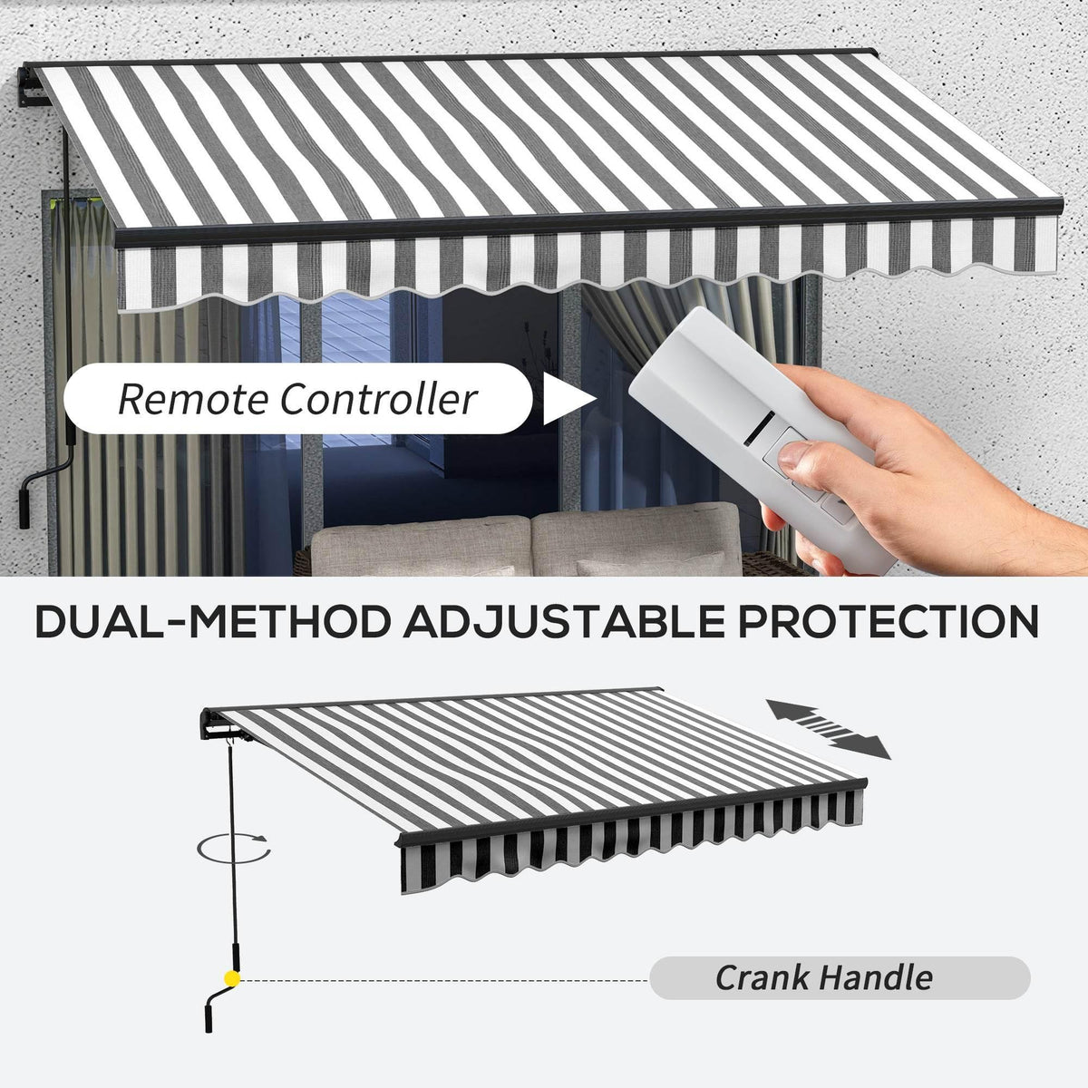 Retractable awning with remote control and striped canopy, hand adjusting