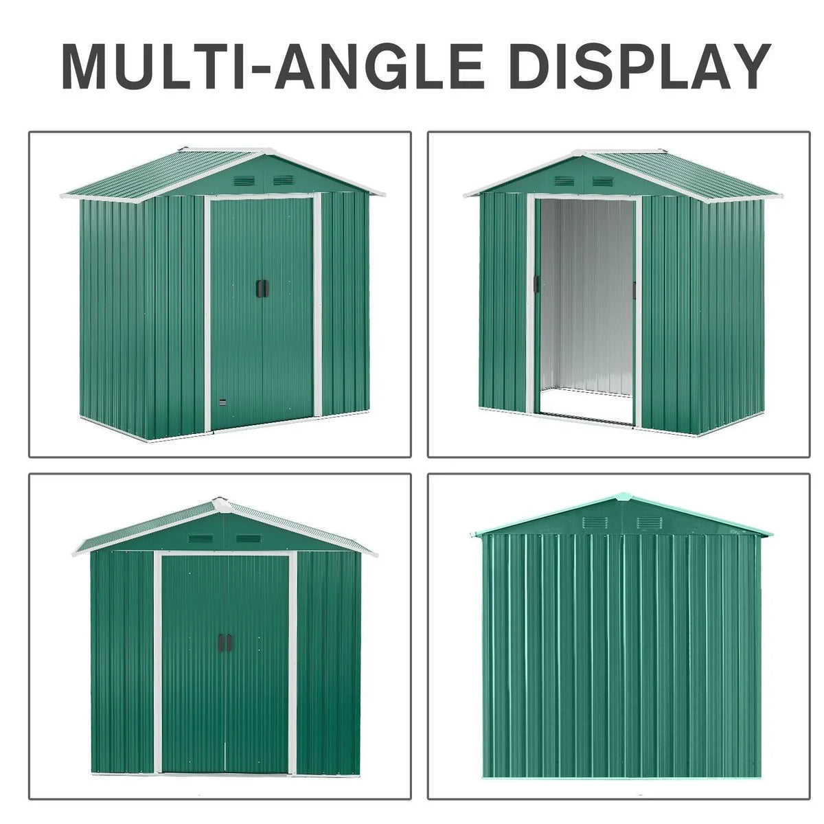 Green metal garden shed from multiple angles with double sliding front door