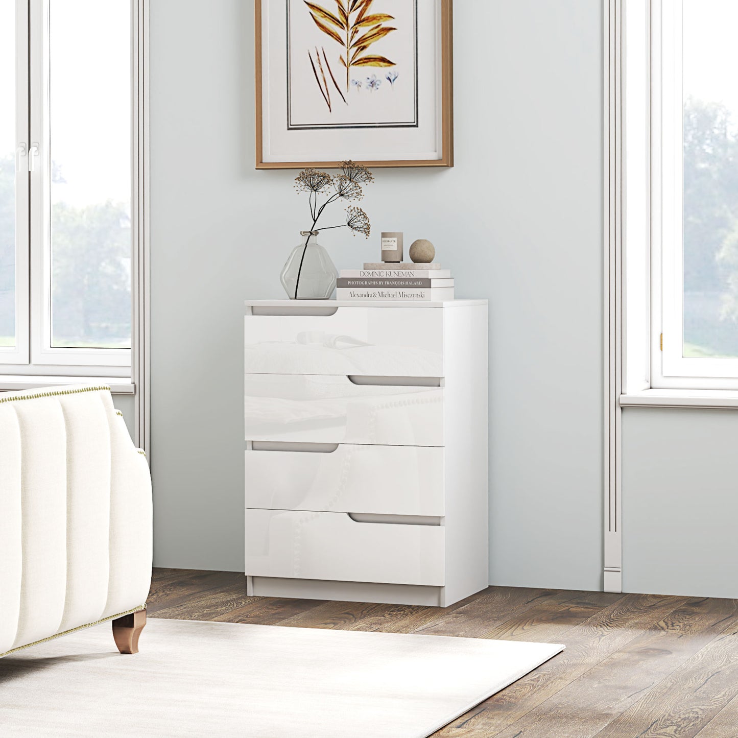 HOMCOM High Gloss White Chest Of Drawers With 4 Drawers And Matching Two Drawer Bedside Table Modern Set