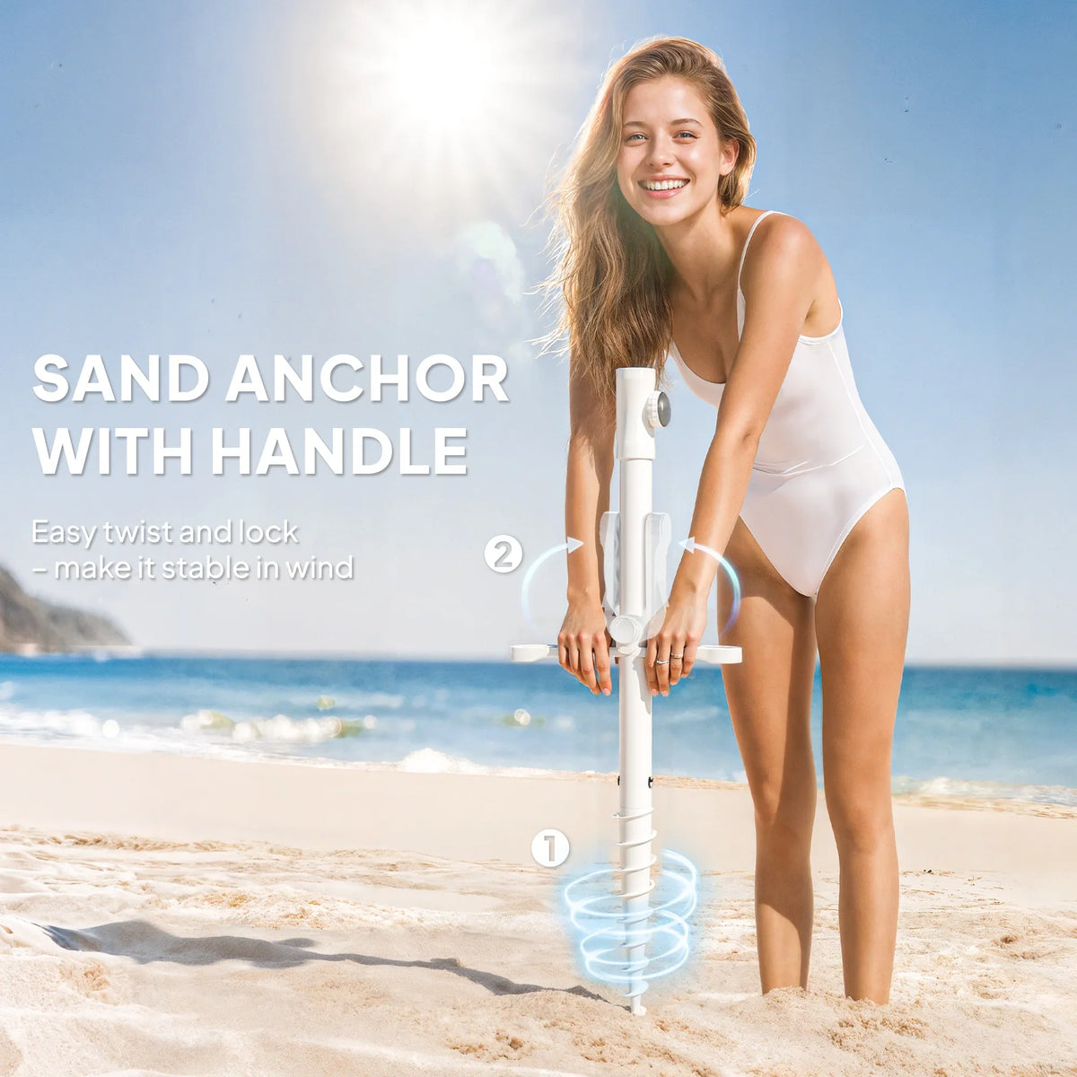 Beach umbrella pole with sand anchor and handle for secure ground setup