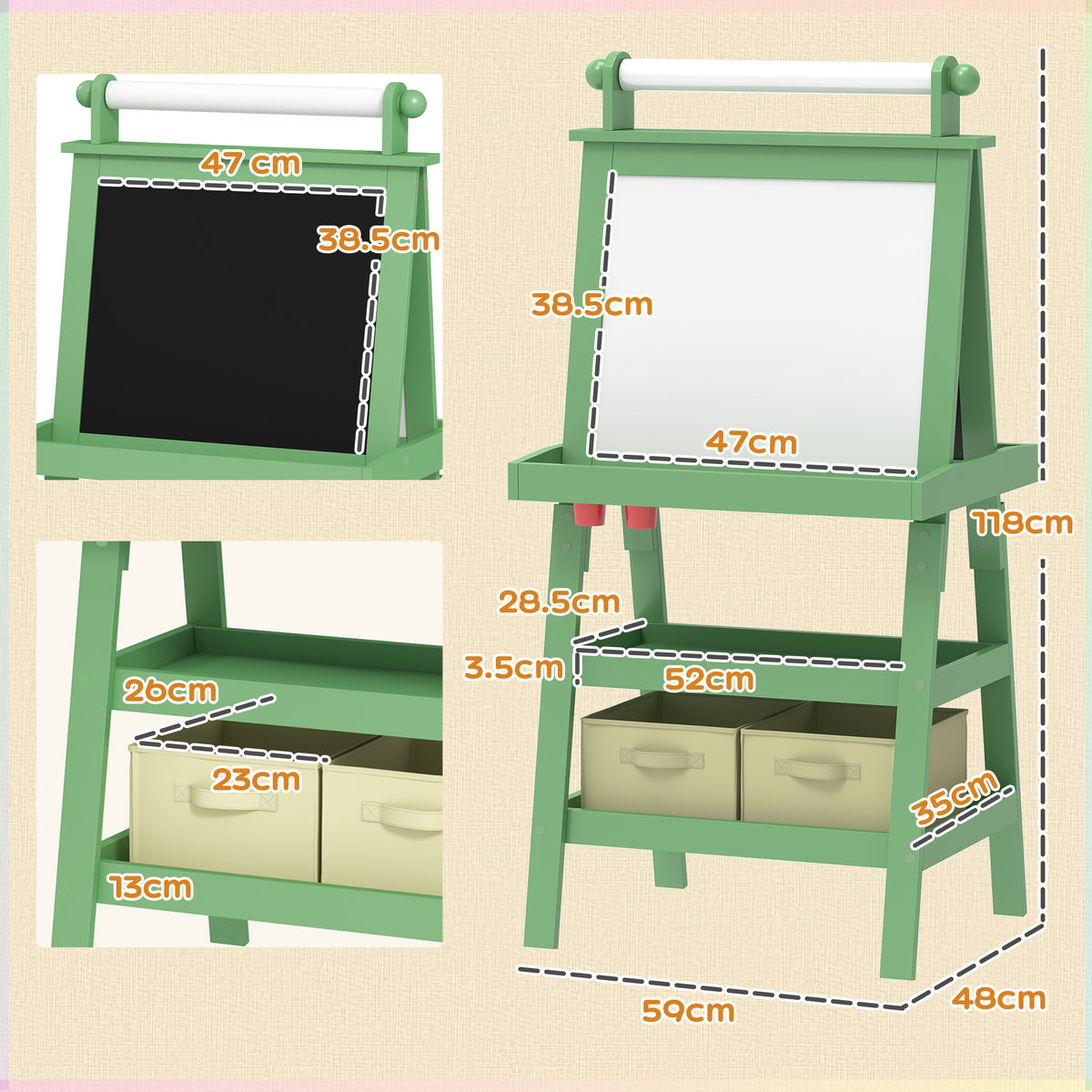 Green double-sided kids easel with whiteboard and blackboard panels plus storage shelves
