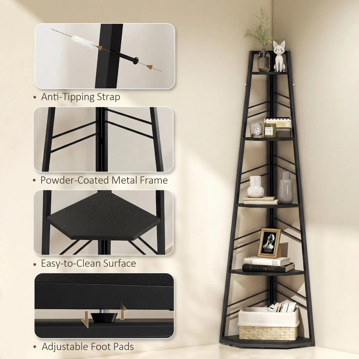 Black metal 5-tier corner bookcase with anti-tipping strap and adjustable foot pads