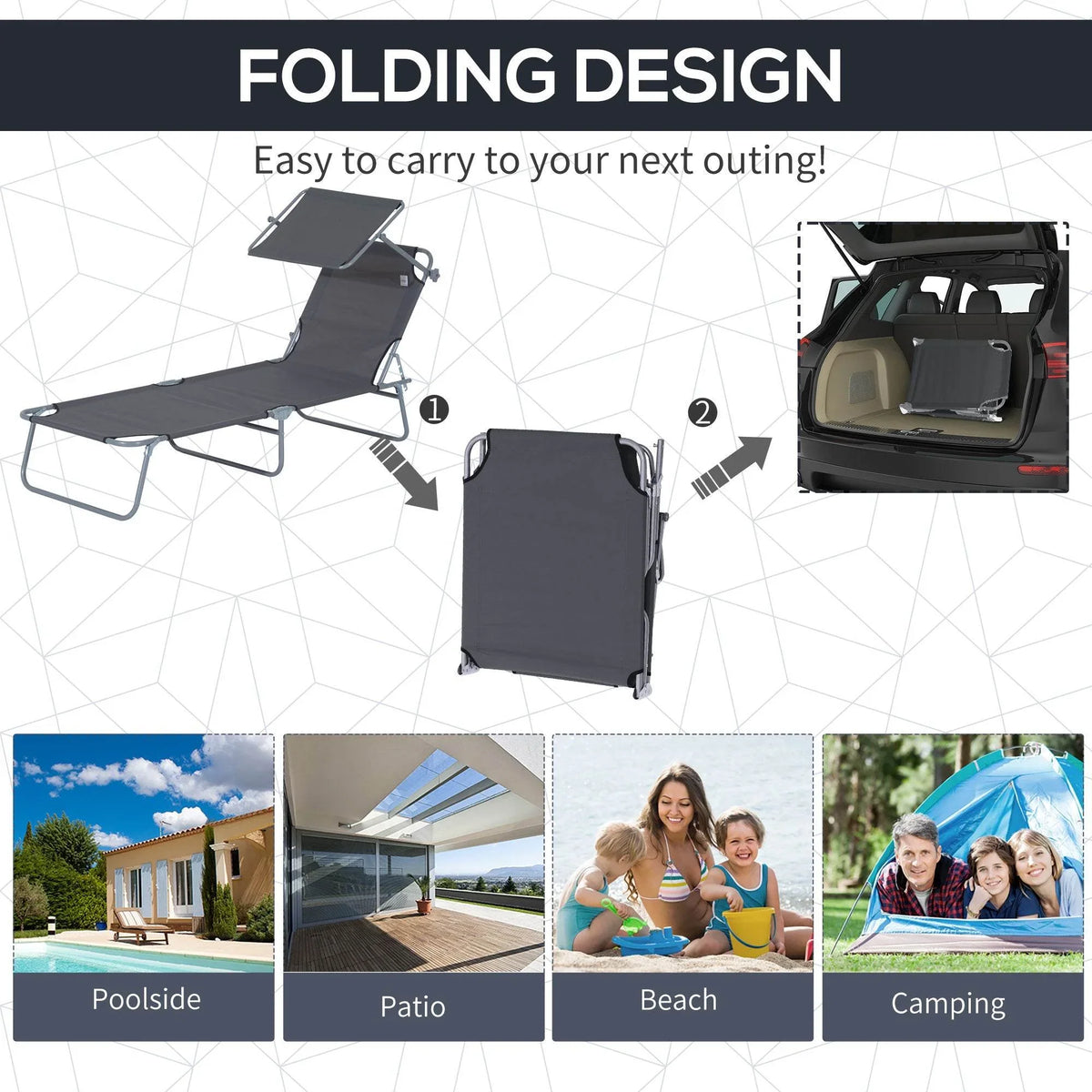 Grey folding patio sun lounger with canopy, plus compact storage case