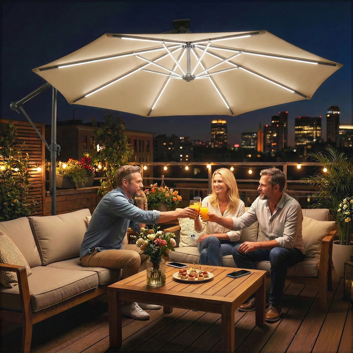 Khaki cantilever parasol with open canopy and glowing solar LED lights