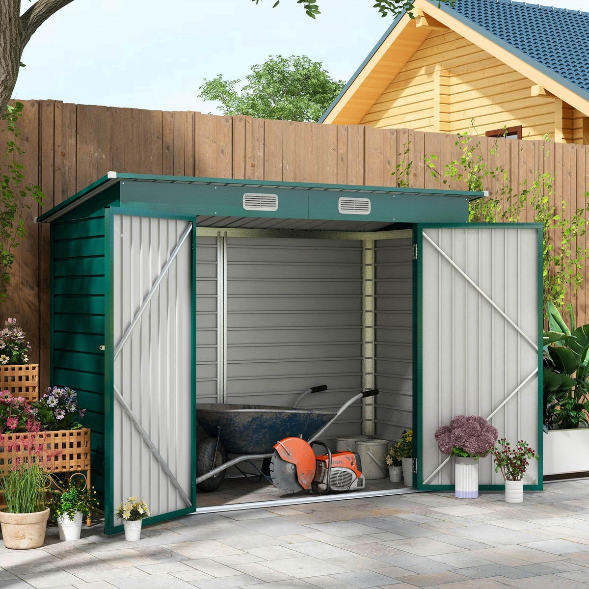 Green galvanized steel garden storage shed, double doors open and roof ventilation vents