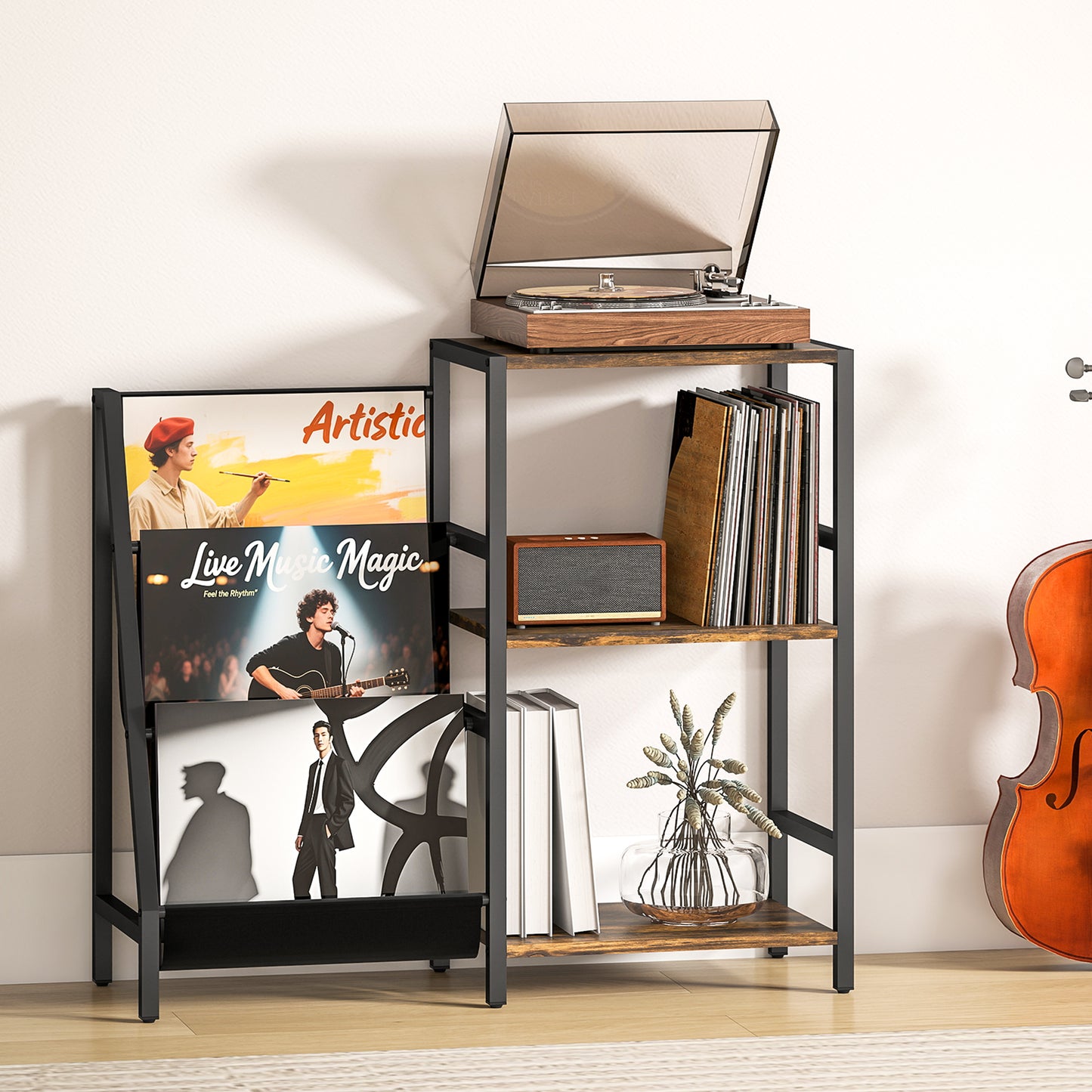 HOMCOM 3 Tier Record Player Stand End Table for Living Room and Bedroom Rustic Brown