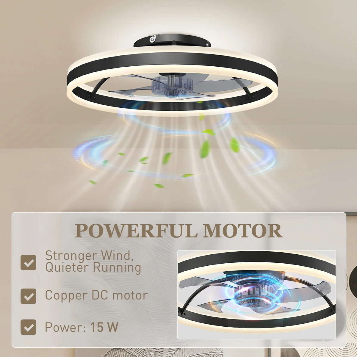 Black LED ceiling fan with powerful motor features, including copper DC motor