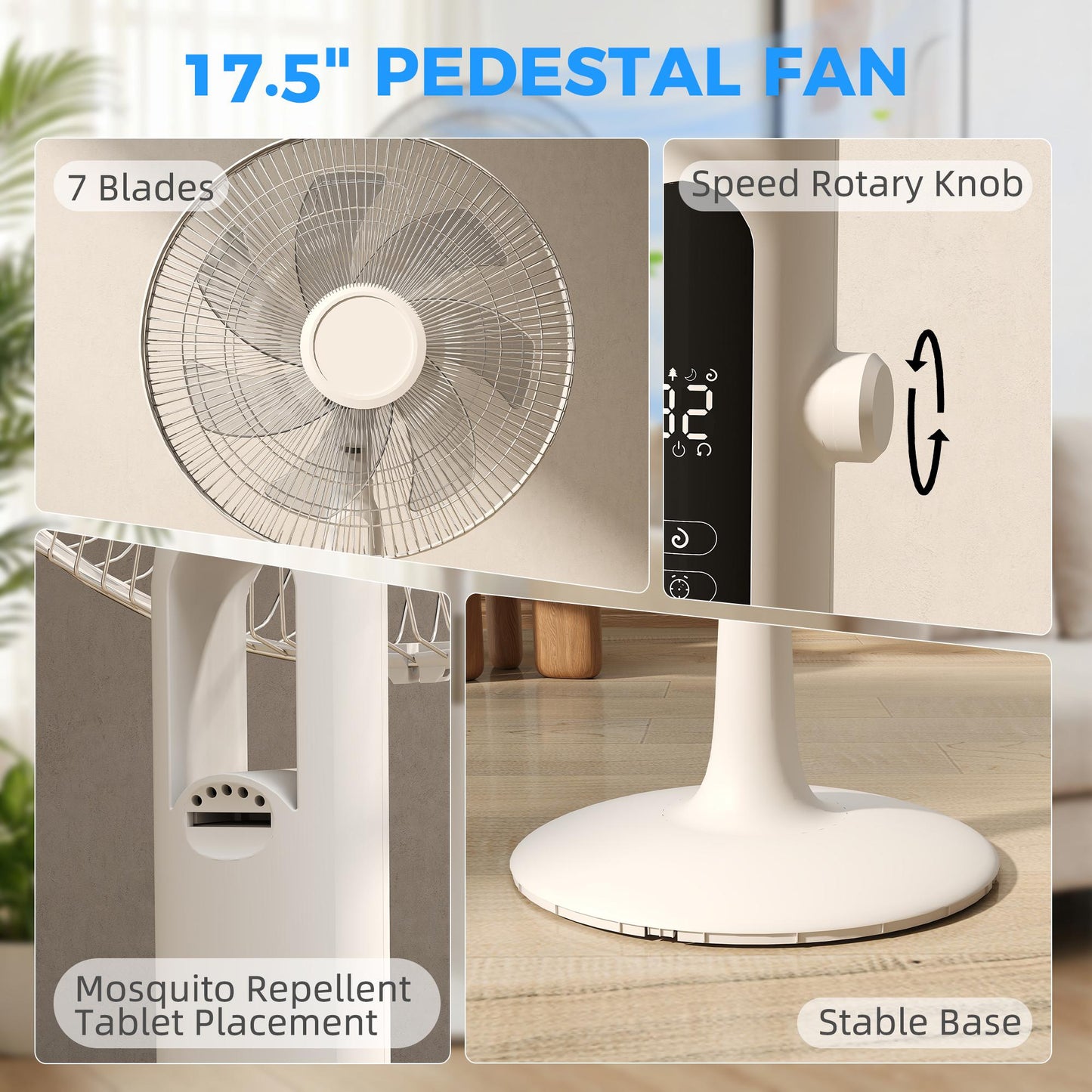 HOMCOM Pedestal Fan With Insect Repellent Box And LED Panel Three Modes Normal Natural Sleep 28 Speeds White